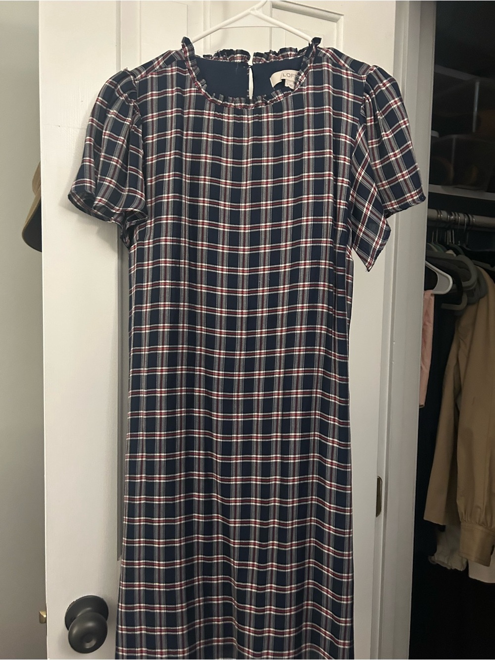 LOFT Navy Plaid Short-Sleeve Midi Dress